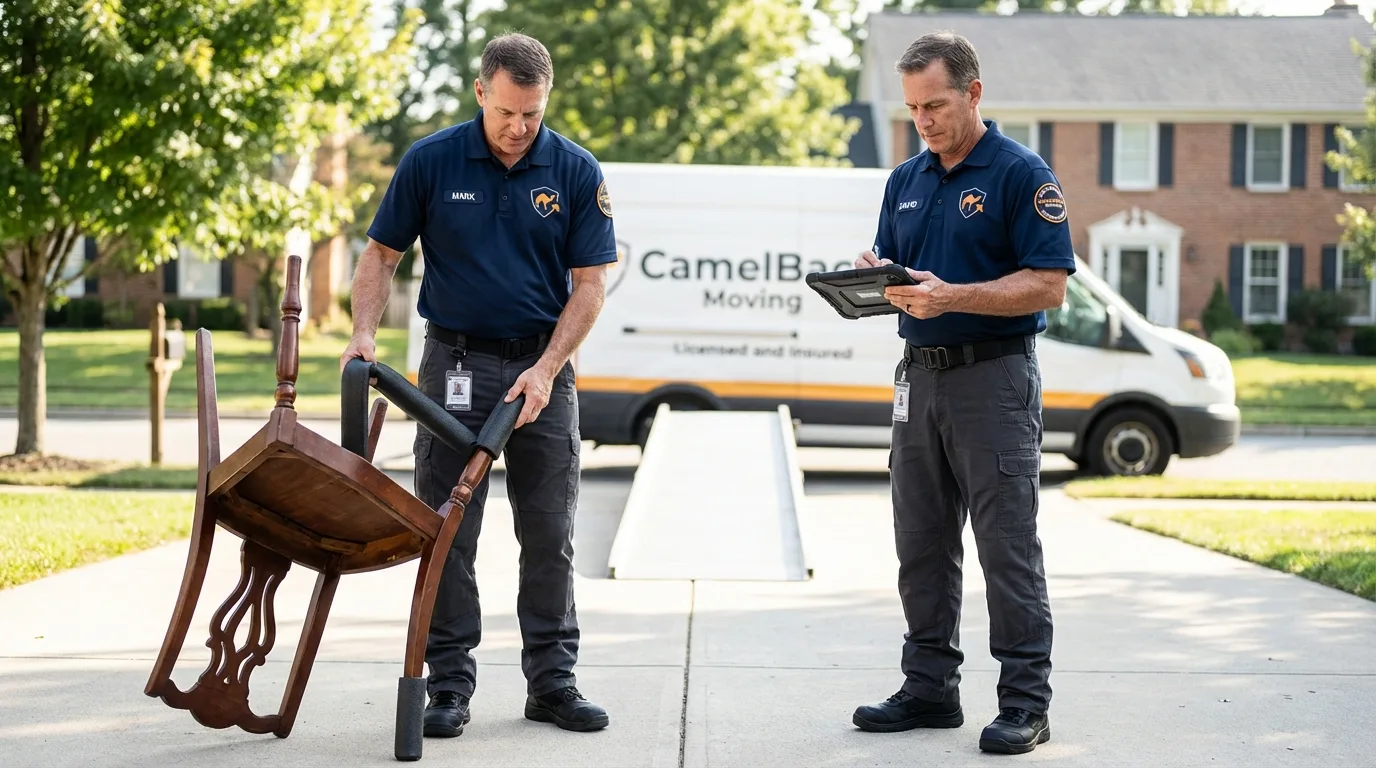 Movers inspecting furniture for damage prevention before loading in Youngstown, OH