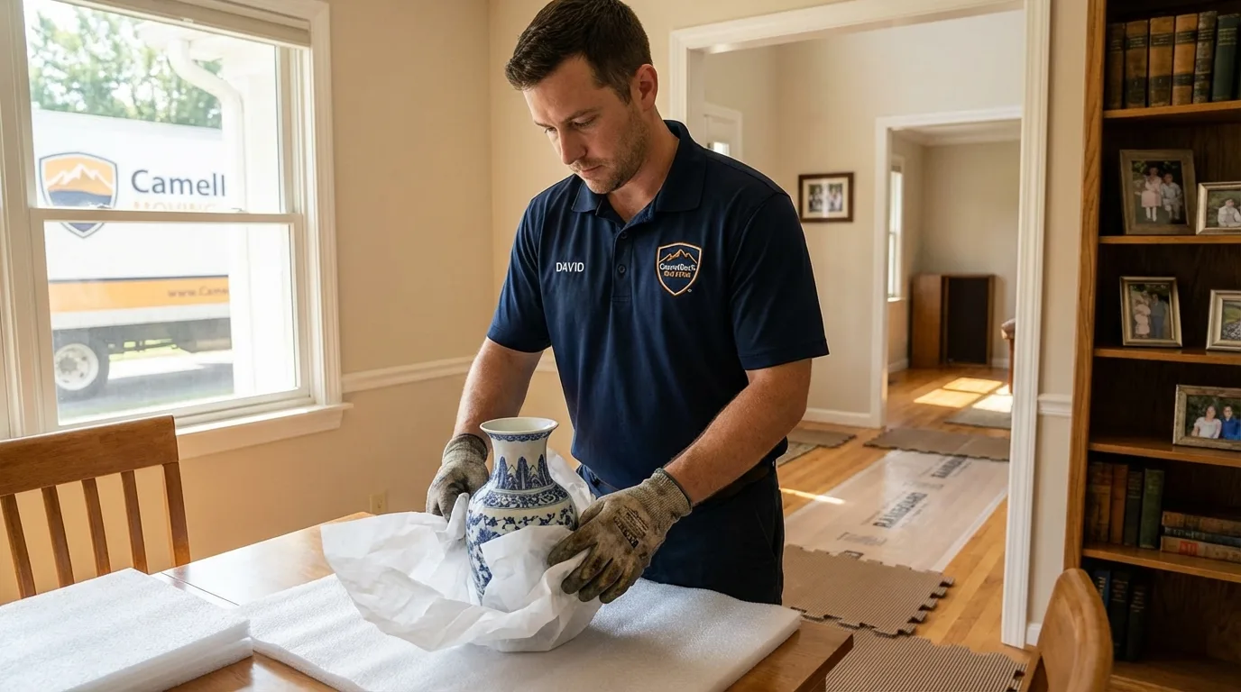 Professional crew carefully wrapping antique vase for senior downsizing move in Youngstown, OH